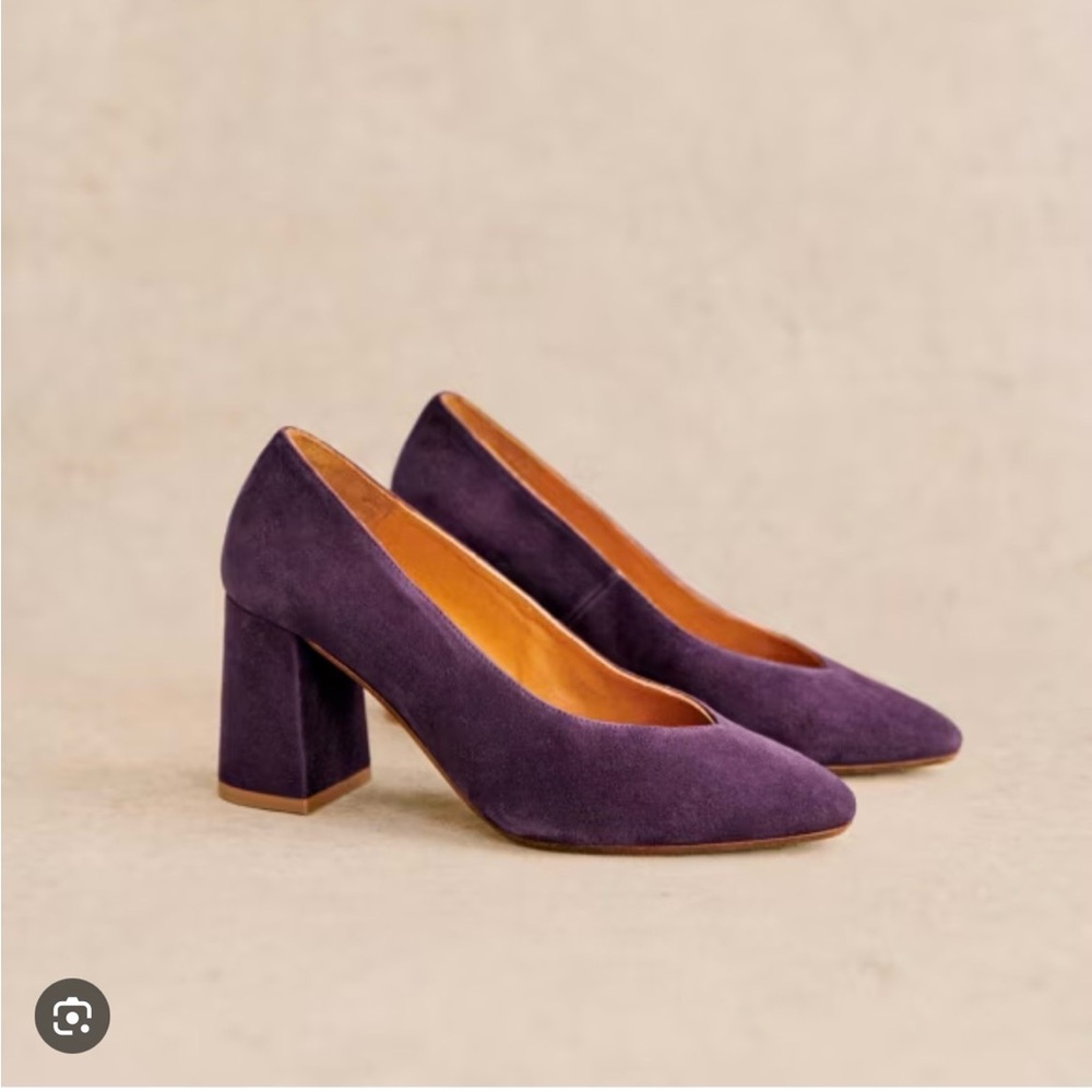 Sezane Alice Mauve Suede Block Heel Pumps